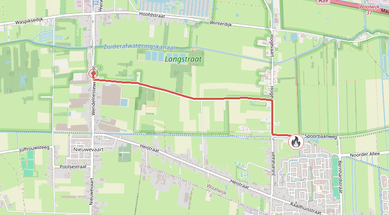 Kaart van de omgeving van de melding, met de kazerne die is gealarmeerd