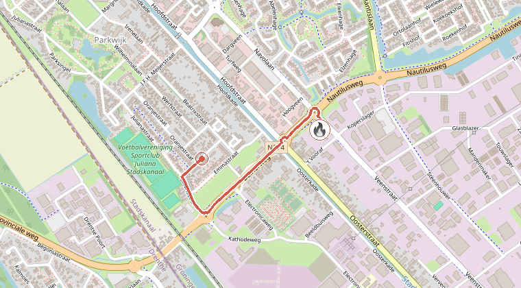 Kaart van de omgeving van de melding, met de kazerne die is gealarmeerd