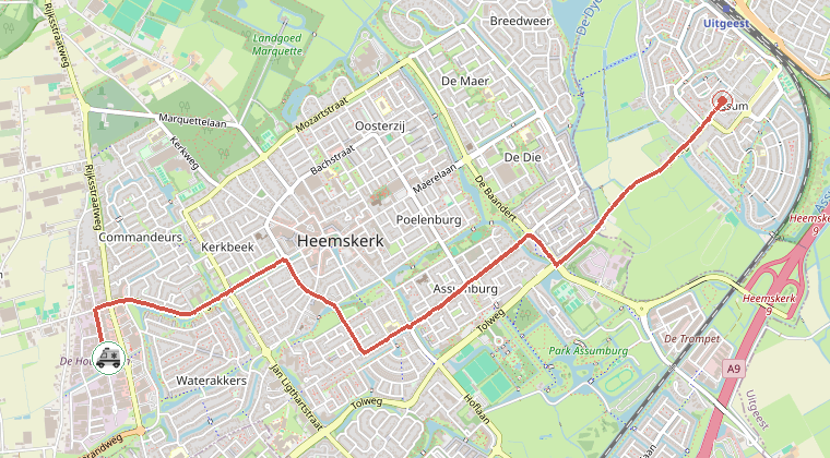 Kaart van de omgeving van de melding, met de kazerne die is gealarmeerd