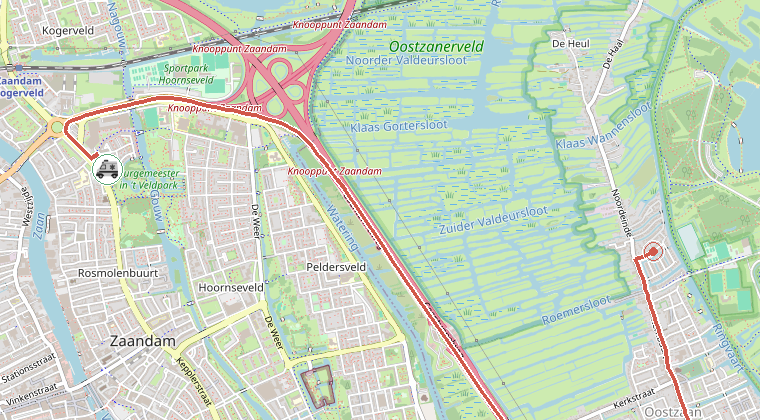 Kaart van de omgeving van de melding, met de kazerne die is gealarmeerd