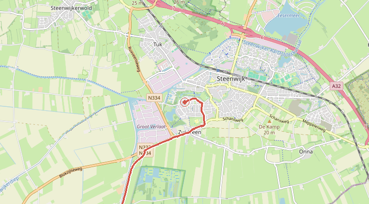 Kaart van de omgeving van de melding, met de kazerne die is gealarmeerd