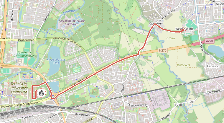 Kaart van de omgeving van de melding, met de kazerne die is gealarmeerd
