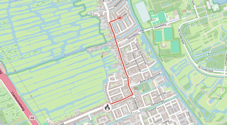 Kaart van de omgeving van de melding, met de kazerne die is gealarmeerd