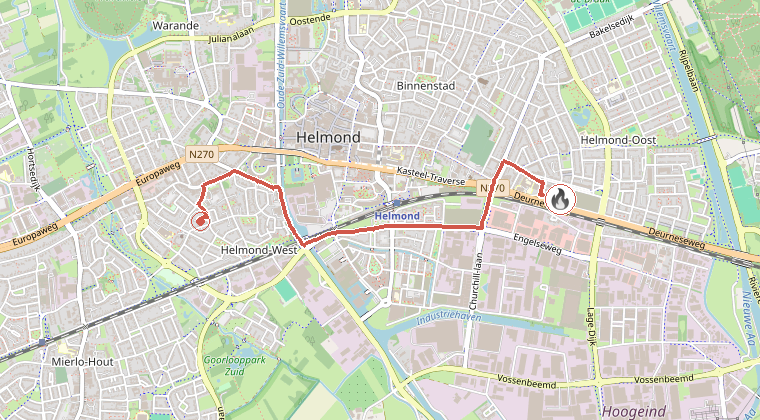 Kaart van de omgeving van de melding, met de kazerne die is gealarmeerd
