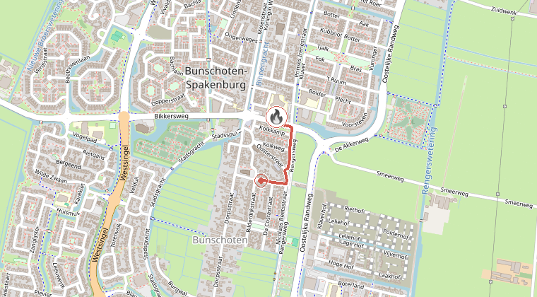 Kaart van de omgeving van de melding, met de kazerne die is gealarmeerd