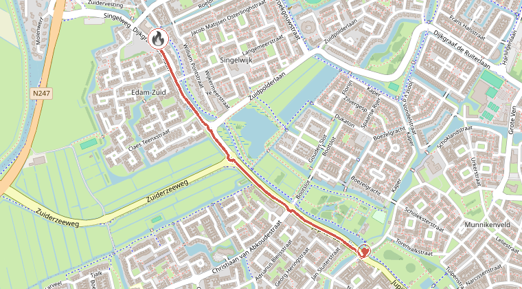 Kaart van de omgeving van de melding, met de kazerne die is gealarmeerd