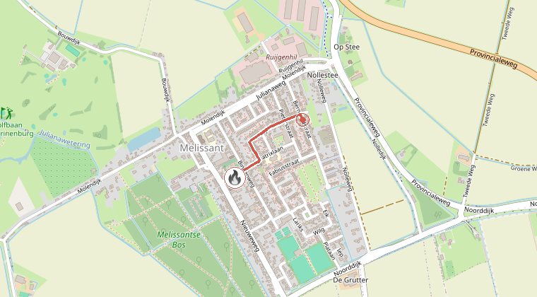 Kaart van de omgeving van de melding, met de kazerne die is gealarmeerd