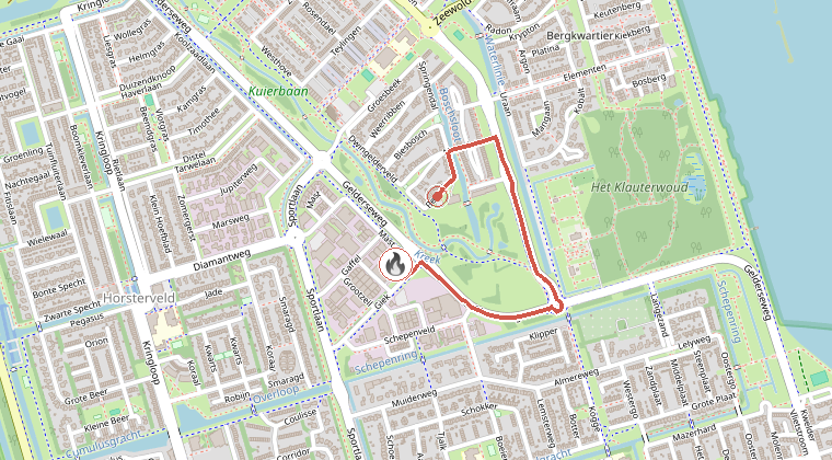 Kaart van de omgeving van de melding, met de kazerne die is gealarmeerd