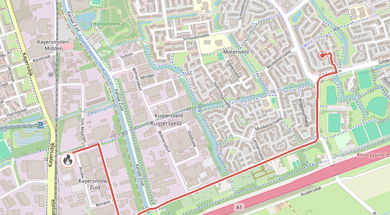 Kaart van de omgeving van de melding, met de kazerne die is gealarmeerd