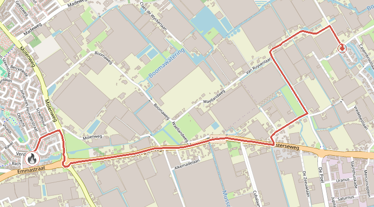 Kaart van de omgeving van de melding, met de kazerne die is gealarmeerd