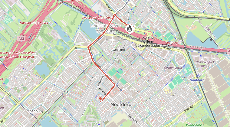 Kaart van de omgeving van de melding, met de kazerne die is gealarmeerd
