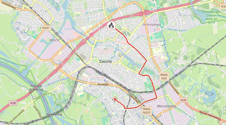 Kaart van de omgeving van de melding, met de kazerne die is gealarmeerd