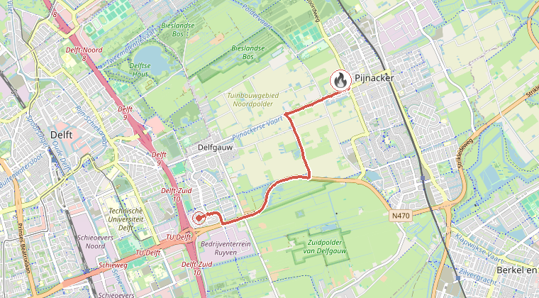 Kaart van de omgeving van de melding, met de kazerne die is gealarmeerd