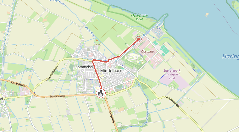 Kaart van de omgeving van de melding, met de kazerne die is gealarmeerd