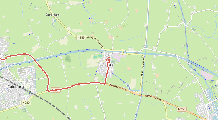 Kaart van de omgeving van de melding, met de kazerne die is gealarmeerd