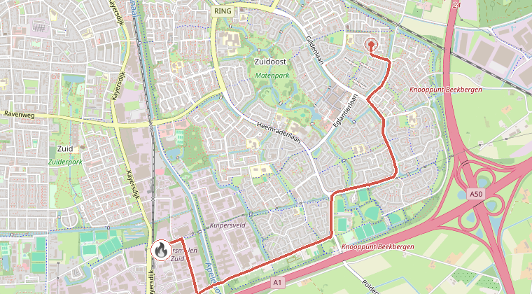 Kaart van de omgeving van de melding, met de kazerne die is gealarmeerd