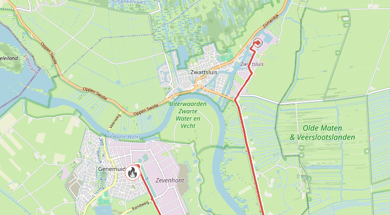 Kaart van de omgeving van de melding, met de kazerne die is gealarmeerd