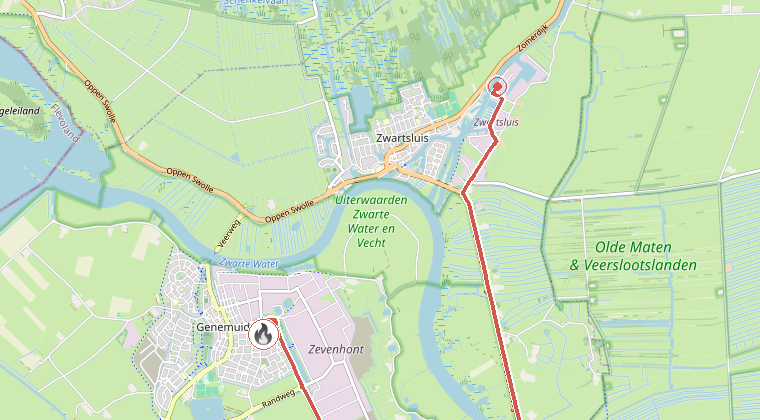 Kaart van de omgeving van de melding, met de kazerne die is gealarmeerd