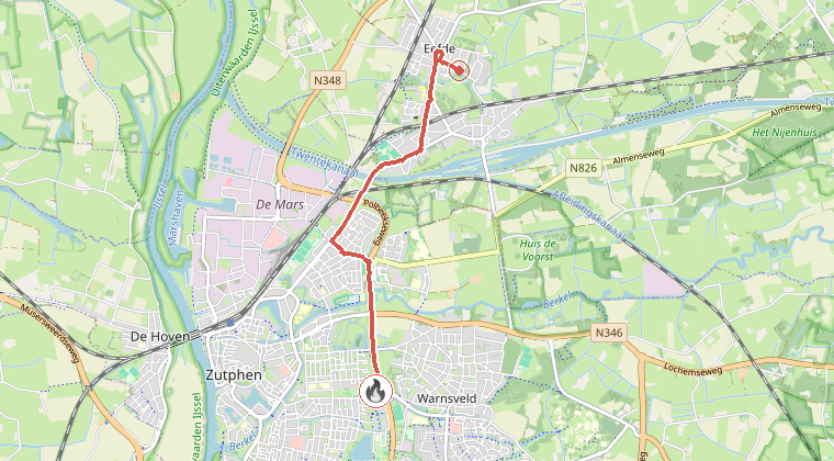 Kaart van de omgeving van de melding, met de kazerne die is gealarmeerd