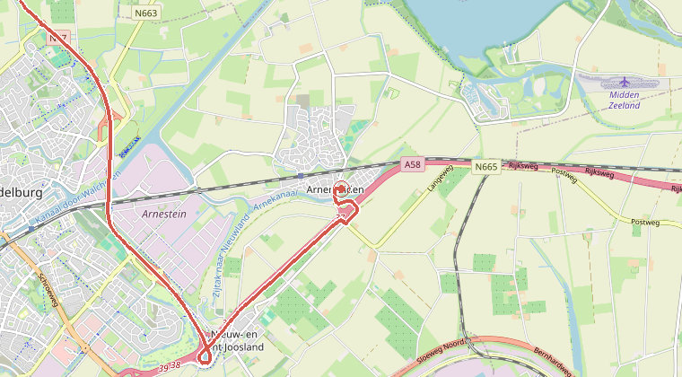 Kaart van de omgeving van de melding, met de kazerne die is gealarmeerd