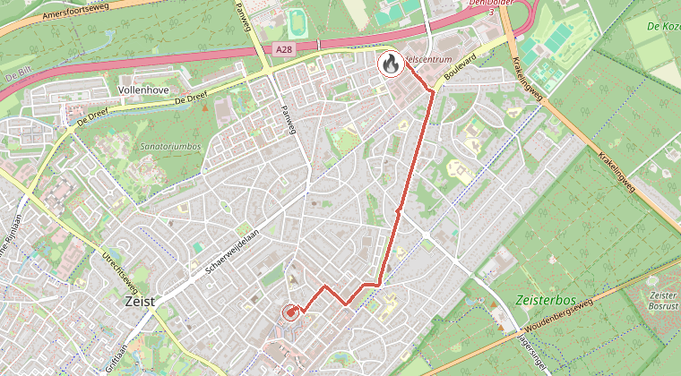 Kaart van de omgeving van de melding, met de kazerne die is gealarmeerd