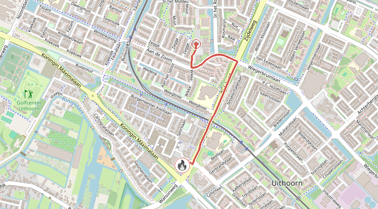 Kaart van de omgeving van de melding, met de kazerne die is gealarmeerd