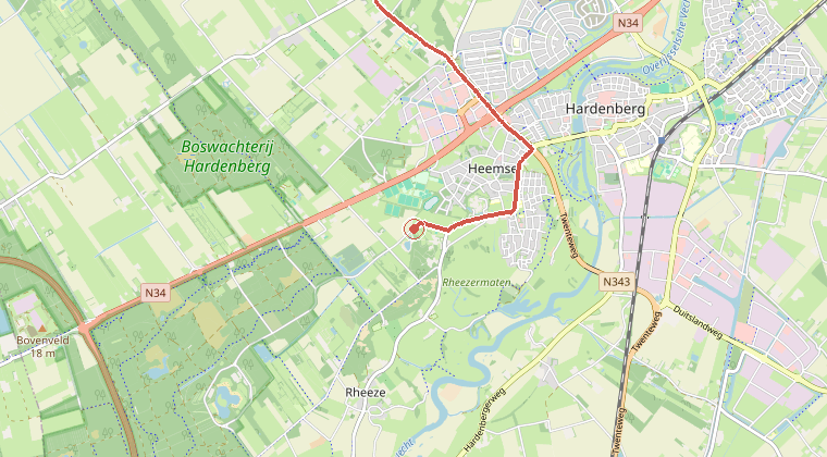 Kaart van de omgeving van de melding, met de kazerne die is gealarmeerd
