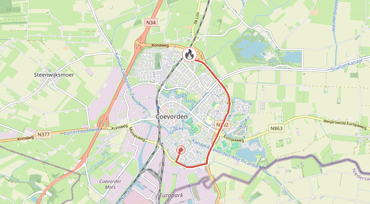 Kaart van de omgeving van de melding, met de kazerne die is gealarmeerd
