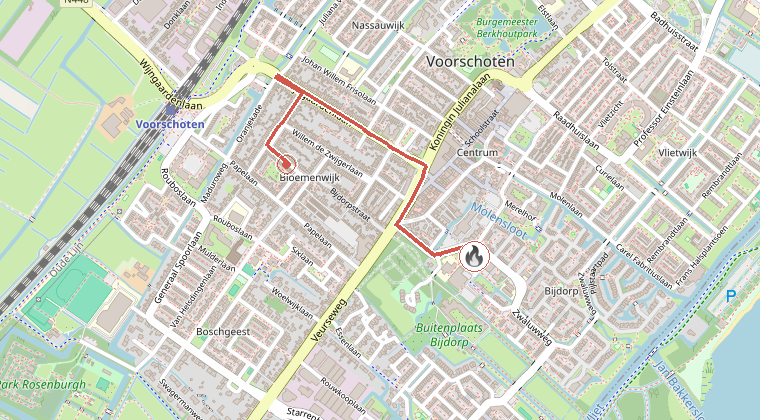Kaart van de omgeving van de melding, met de kazerne die is gealarmeerd