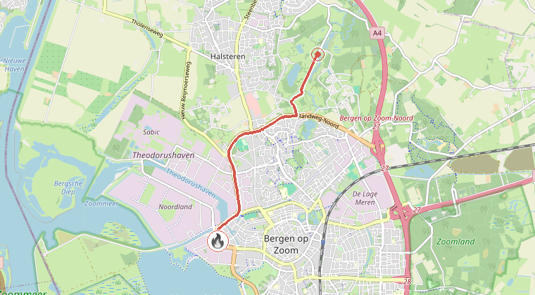 Kaart van de omgeving van de melding, met de kazerne die is gealarmeerd