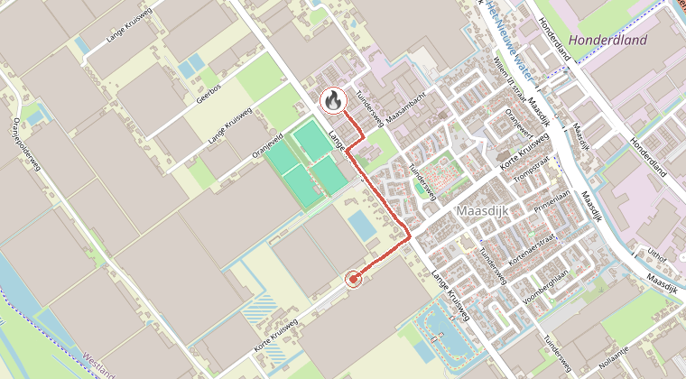 Kaart van de omgeving van de melding, met de kazerne die is gealarmeerd