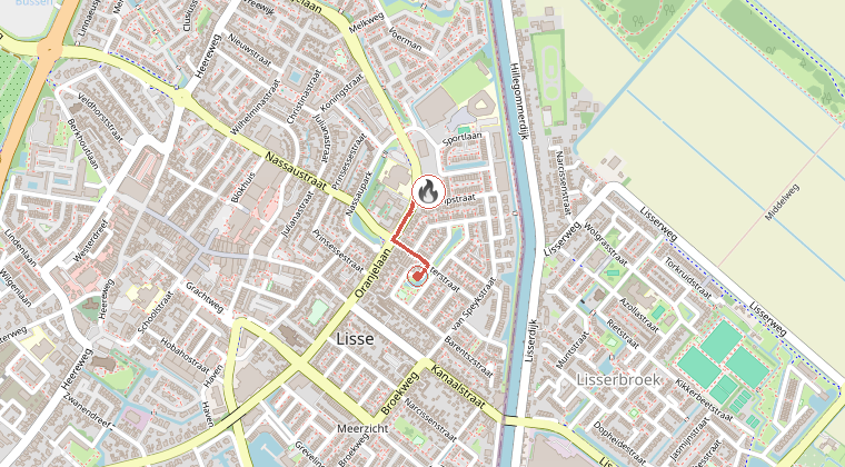 Kaart van de omgeving van de melding, met de kazerne die is gealarmeerd