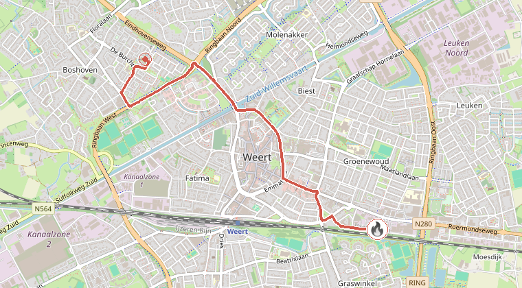 Kaart van de omgeving van de melding, met de kazerne die is gealarmeerd