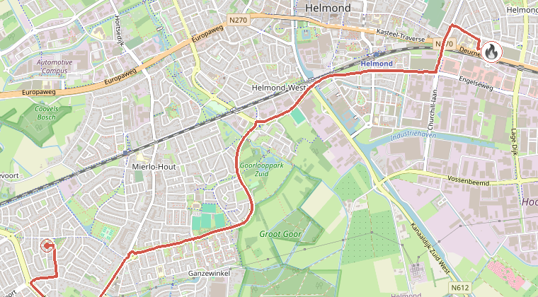 Kaart van de omgeving van de melding, met de kazerne die is gealarmeerd