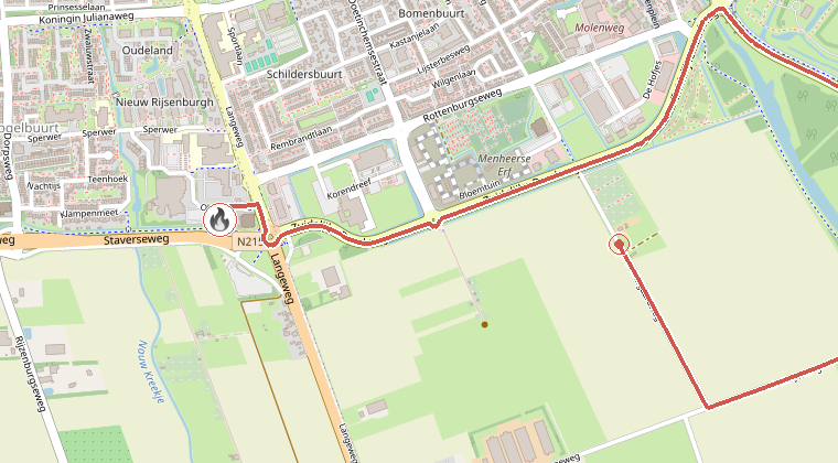 Kaart van de omgeving van de melding, met de kazerne die is gealarmeerd