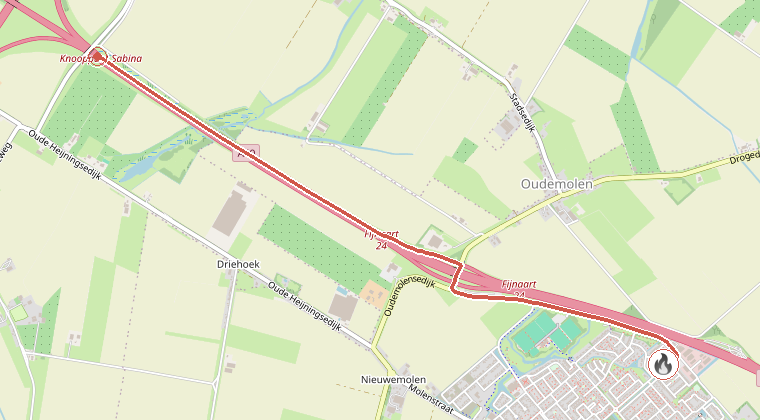 Kaart van de omgeving van de melding, met de kazerne die is gealarmeerd
