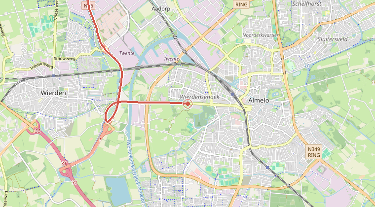 Kaart van de omgeving van de melding, met de kazerne die is gealarmeerd