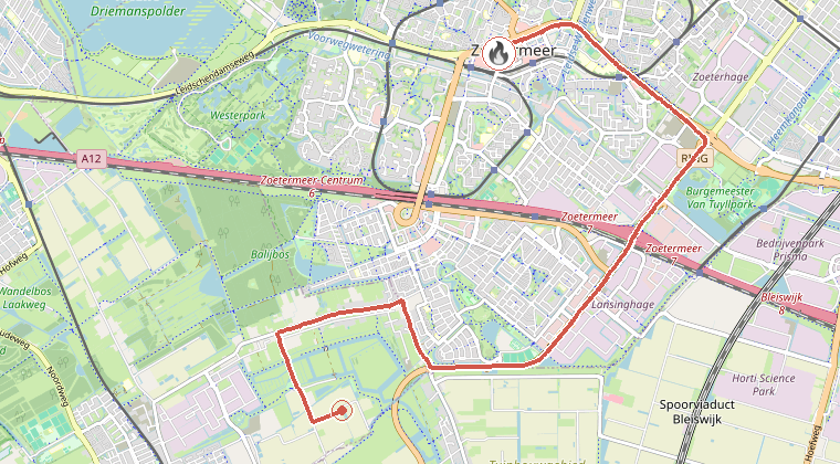 Kaart van de omgeving van de melding, met de kazerne die is gealarmeerd