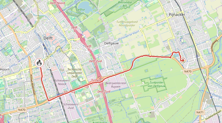 Kaart van de omgeving van de melding, met de kazerne die is gealarmeerd