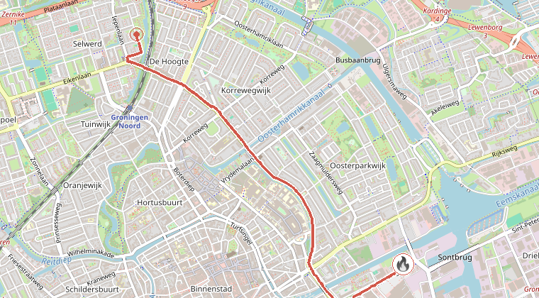 Kaart van de omgeving van de melding, met de kazerne die is gealarmeerd