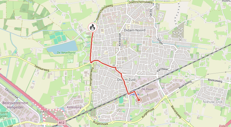 Kaart van de omgeving van de melding, met de kazerne die is gealarmeerd