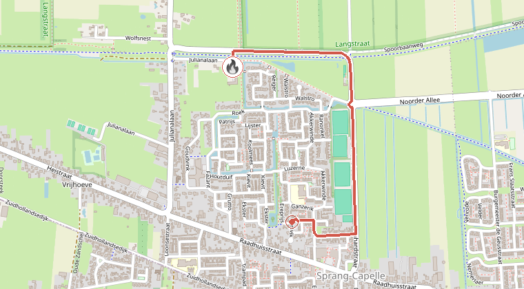 Kaart van de omgeving van de melding, met de kazerne die is gealarmeerd