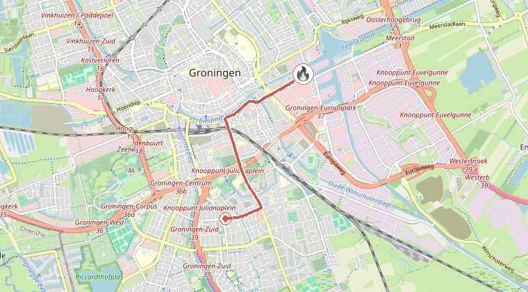 Kaart van de omgeving van de melding, met de kazerne die is gealarmeerd