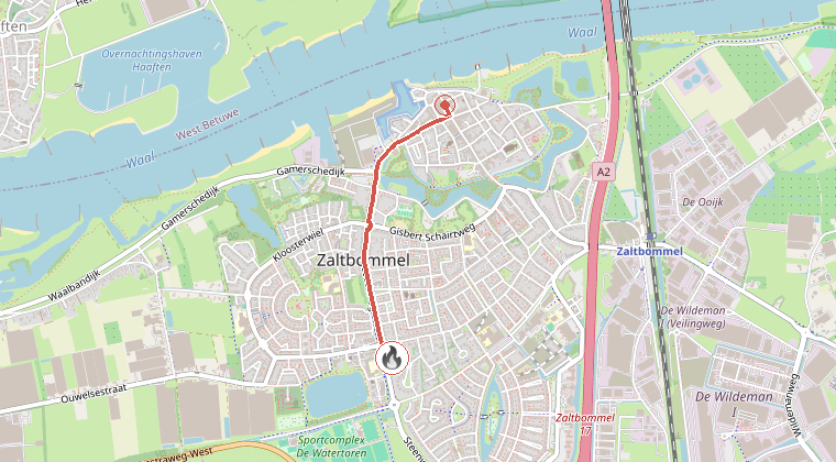 Kaart van de omgeving van de melding, met de kazerne die is gealarmeerd