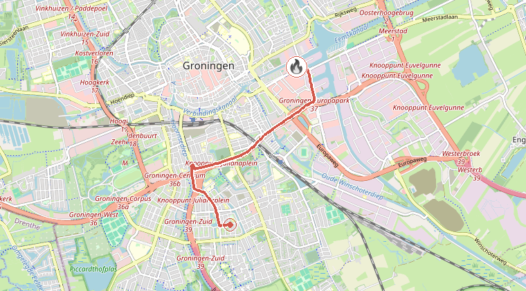 Kaart van de omgeving van de melding, met de kazerne die is gealarmeerd