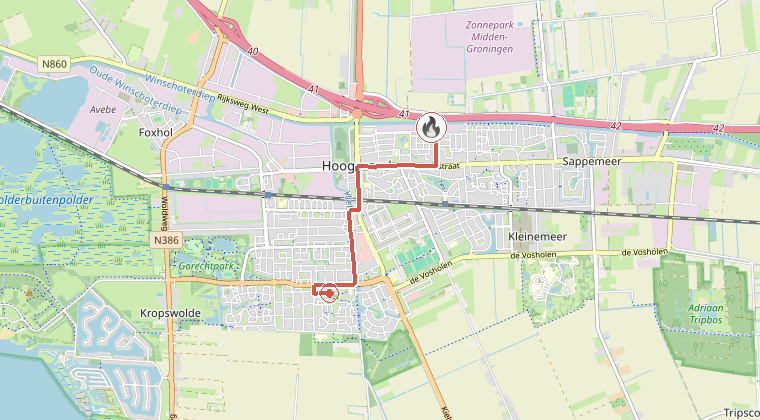 Kaart van de omgeving van de melding, met de kazerne die is gealarmeerd