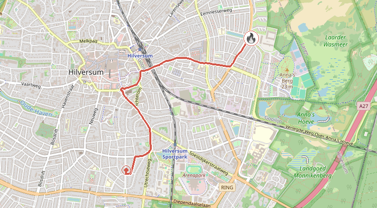 Kaart van de omgeving van de melding, met de kazerne die is gealarmeerd