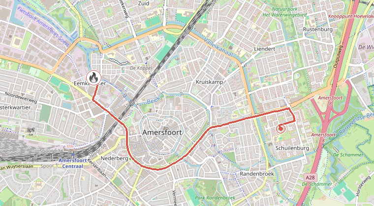 Kaart van de omgeving van de melding, met de kazerne die is gealarmeerd
