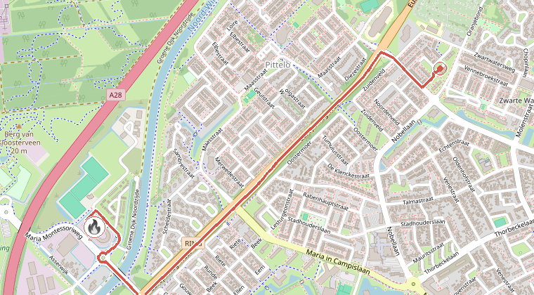 Kaart van de omgeving van de melding, met de kazerne die is gealarmeerd
