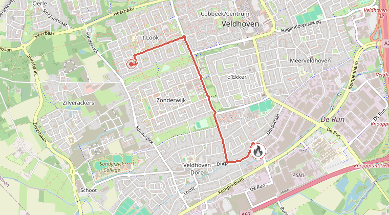 Kaart van de omgeving van de melding, met de kazerne die is gealarmeerd